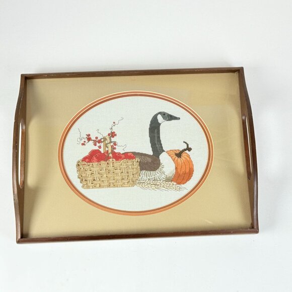 Vintage Fall Goose Harvest Cross-Stitch Serving Tray Rustic Farmhouse Decor - Picture 2 of 10